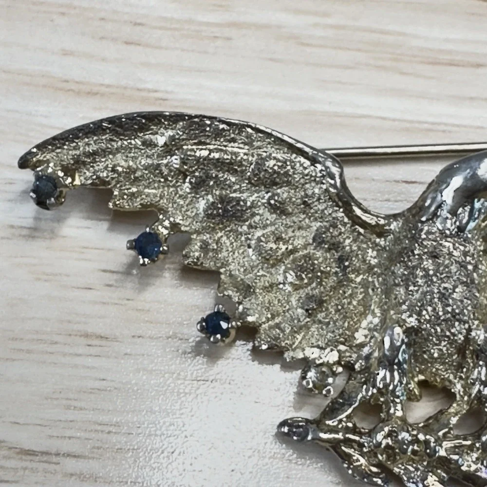 LES BERNARD Sterling Silver Brooch Patriotic Eagle Pin Red White Blue Gemstones
